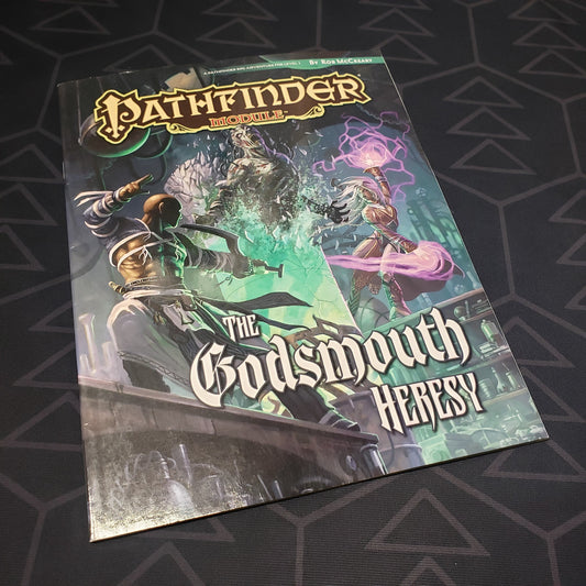 Image shows the front cover of the Godsmouth Heresy book for the roleplaying game Pathfinder: First Edition