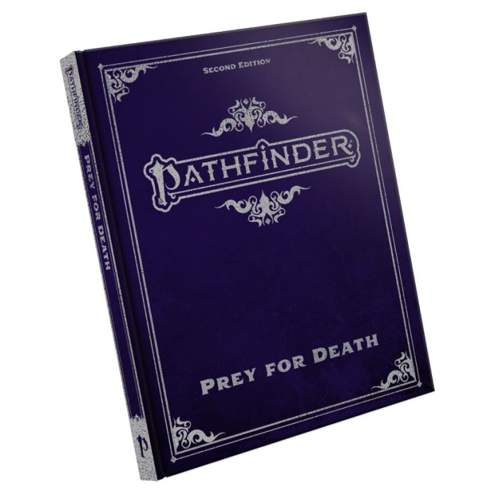 Image shows the front cover of the Prey for Death: Special Edition book for the Pathfinder 2E roleplaying game