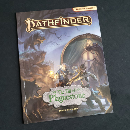 Image shows the front cover of the Fall of Plaguestone book for the Pathfinder 2E roleplaying game