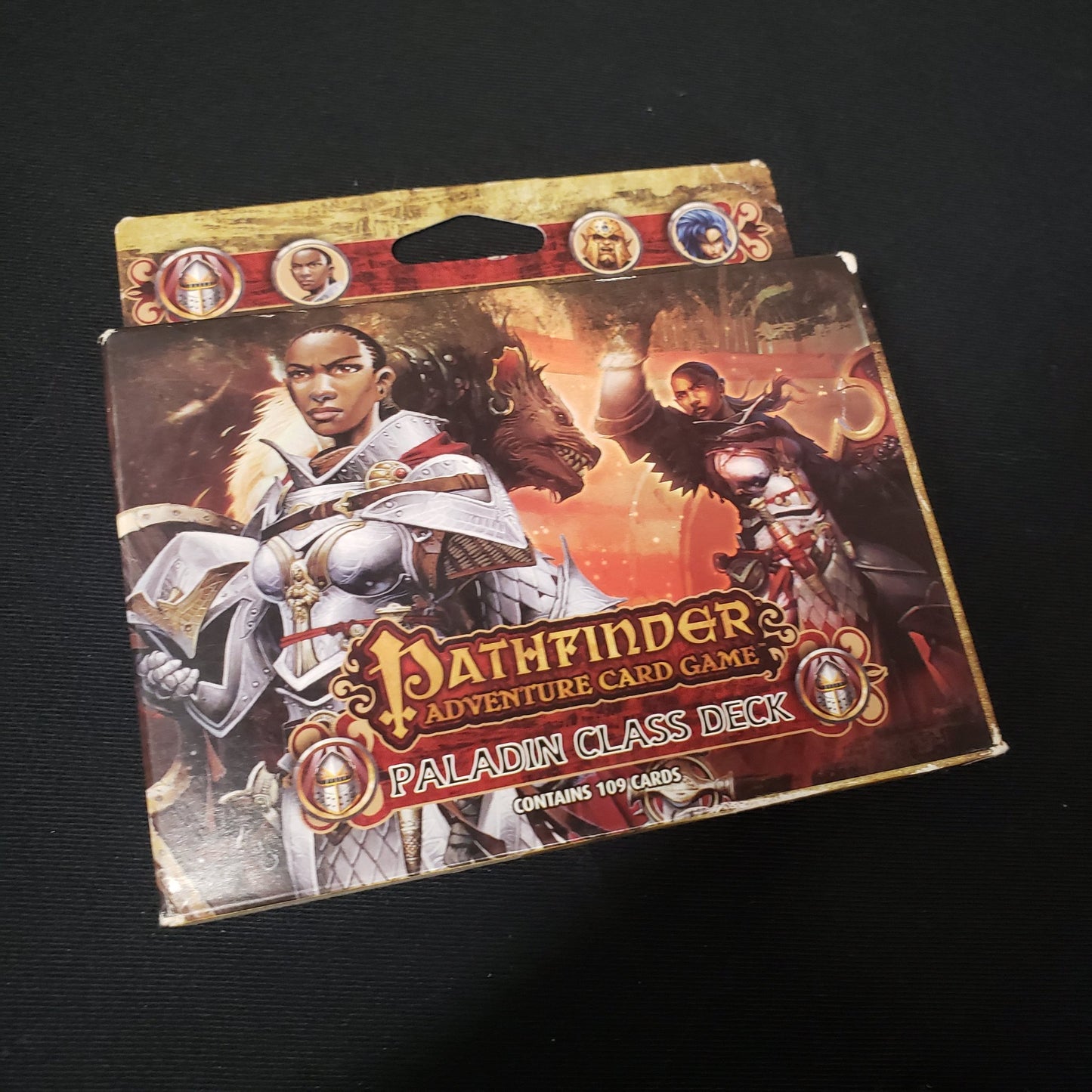 Image shows the front of the box of the Paladin Class Deck for the Pathfinder Adventure Card Game