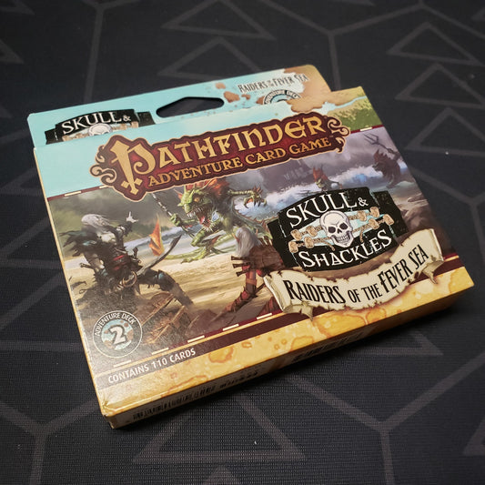 Image shows the front cover of the box of the Skull & Shackles Deck #2: Raiders of the Fever Sea expansion for the Pathfinder Adventure Card Game