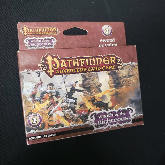Image shows the front of the box of the Wrath of the Righteous: Adventure Deck 2 - Sword of Valor for the Pathfinder Adventure Card Game