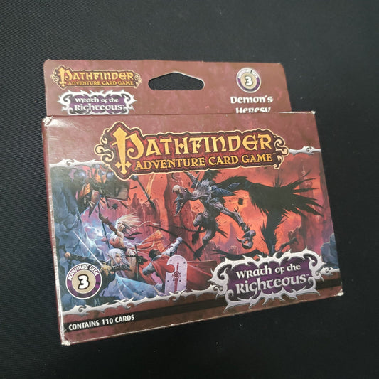 Image shows the front of the box of the Wrath of the Righteous: Adventure Deck 3 - Demon's Heresy for the Pathfinder Adventure Card Game