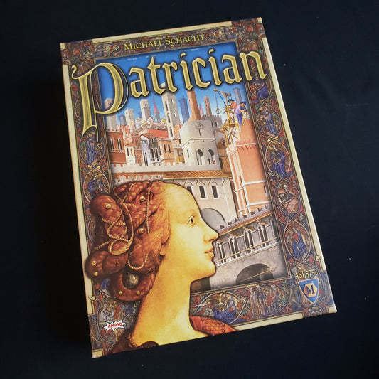 Image shows the front cover of the box of the board game Patrician