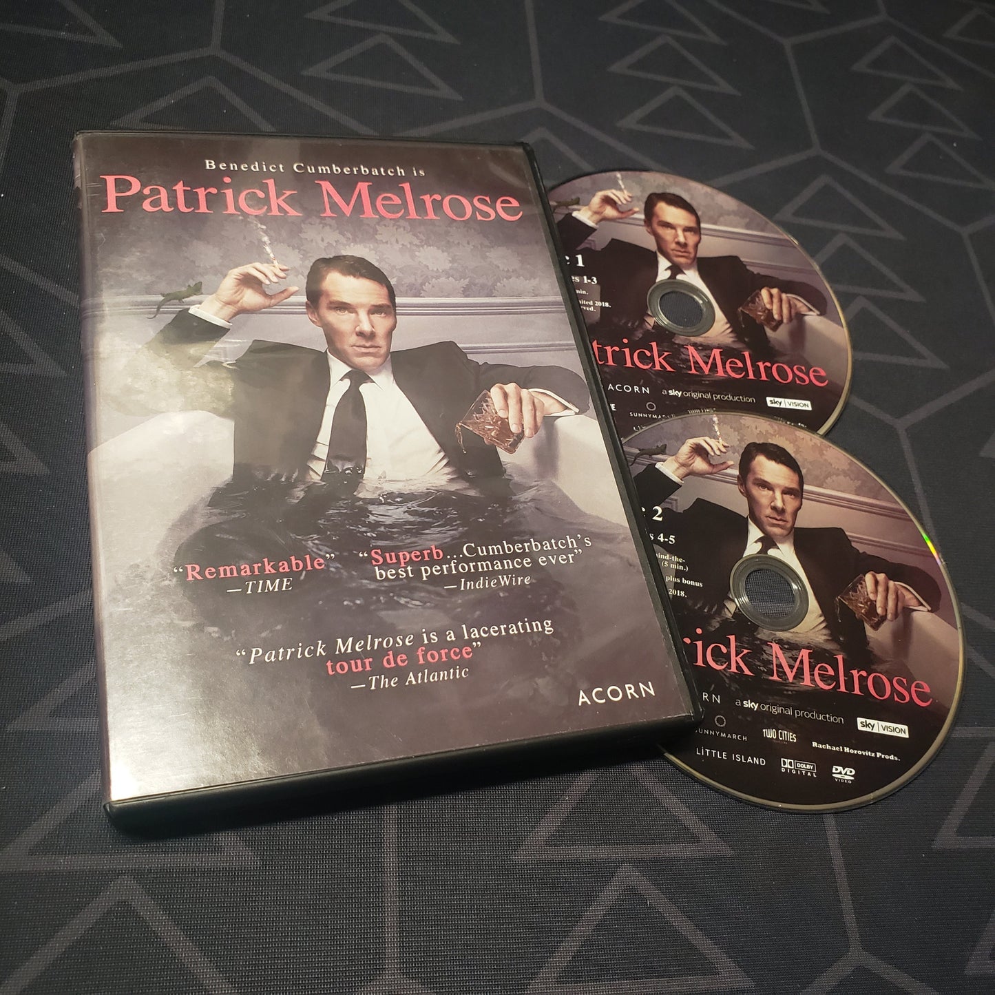 Image shows the case & two discs for the complete series set of Patrick Melrose on DVD