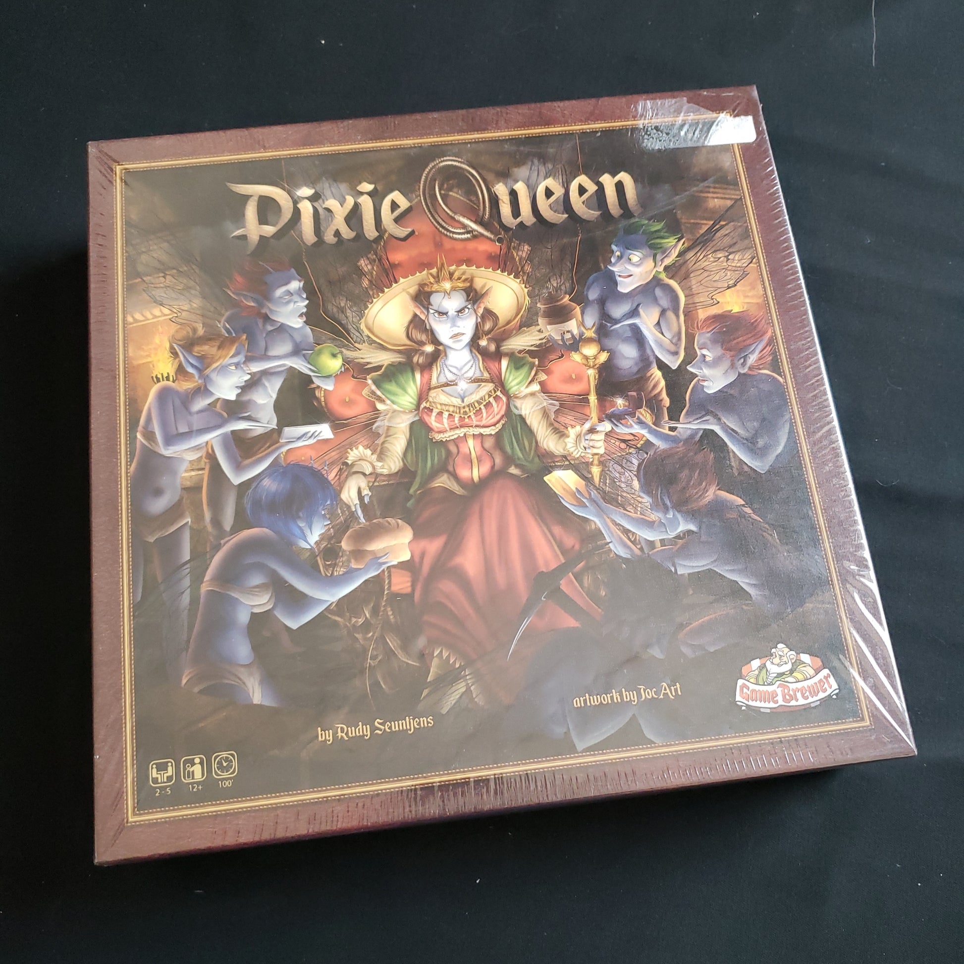 Image shows the front cover of the box of the Pixie Queen board game
