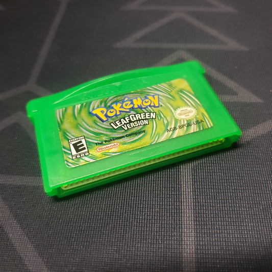 Image shows the front of the cartridge for the video game Pokemon: LeafGreen Version for Nintendo Game Boy Advance