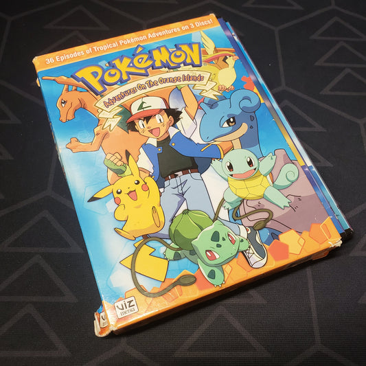 Image shows the outer box & fanned-out disc cases for the Season 1, Volume 4: Adventures on the Orange Islands box set of Pokemon on DVD