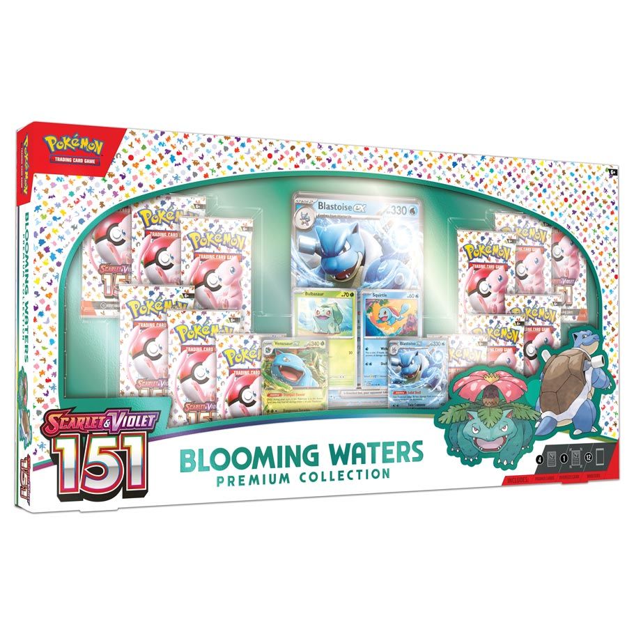 Image shows the front of the package for the Blooming Waters Premium Collection for the Pokemon card game