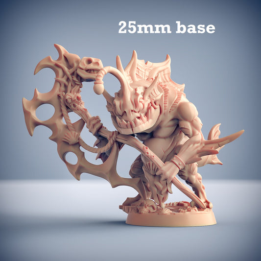 Image shows a 3D render of a angler fish necromancer gaming miniature.