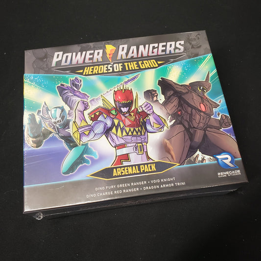 Image shows the front cover of the box of the Arsenal Pack expansion for the board game Power Rangers: Heroes of the Grid