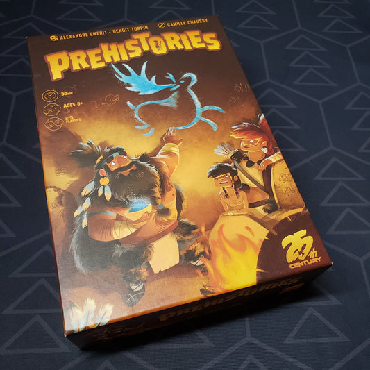 Image shows the front cover of the box for the Prehistories card game