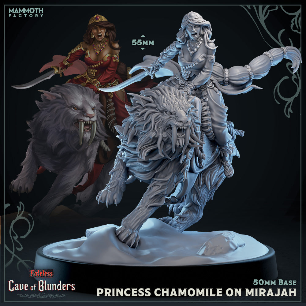 Image shows a 3D render of a human assassin riding a sabertooth tiger gaming miniature.