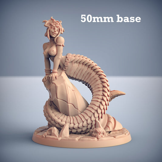 Image shows a 3D render of a yuan-ti princess gaming miniature.