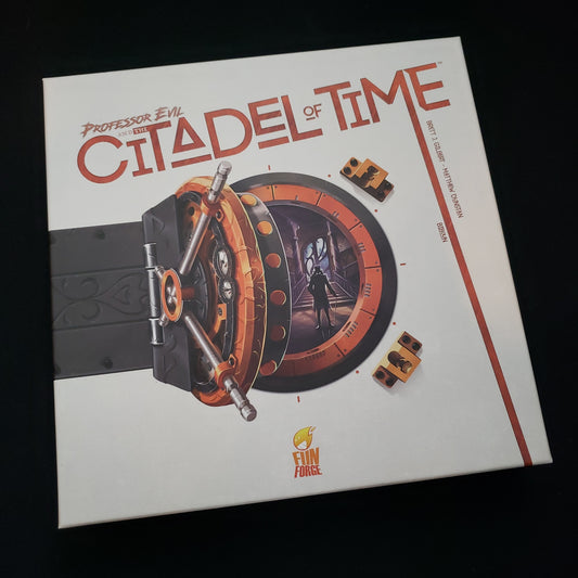 Image shows the front cover of the box of the Professor Evil and the Citadel of Time board game