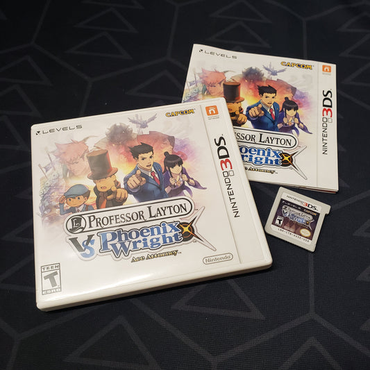 Image shows the case, manual and cartridge for the video game Professor Layton vs. Phoenix Wright: Ace Attorney for Nintendo 3DS