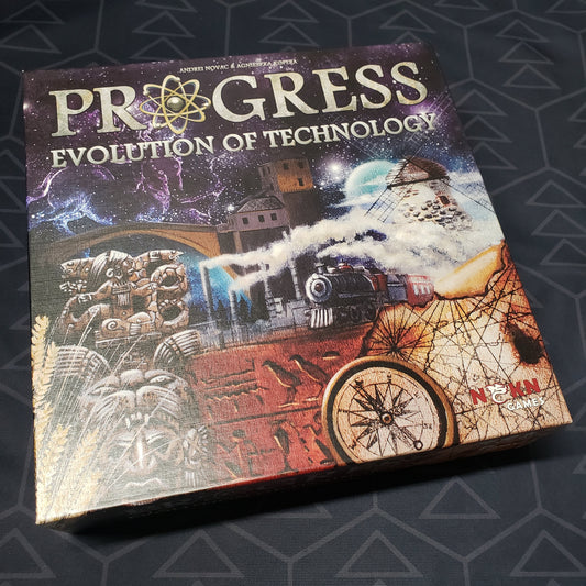 Image shows the front cover of the box for the Progress: Evolution of Technology board game
