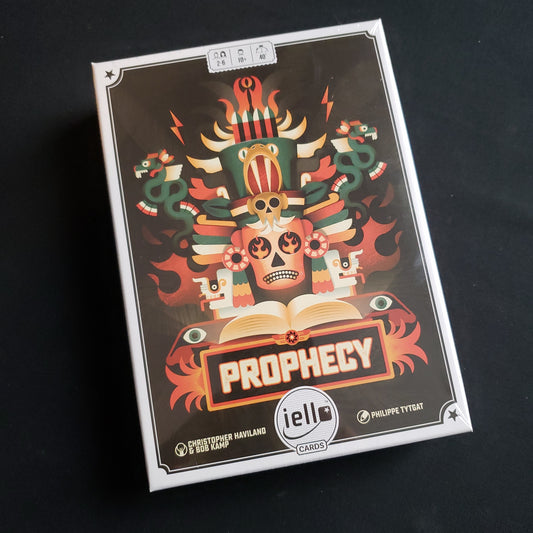 Image shows the front cover of the box of the Prophecy card game