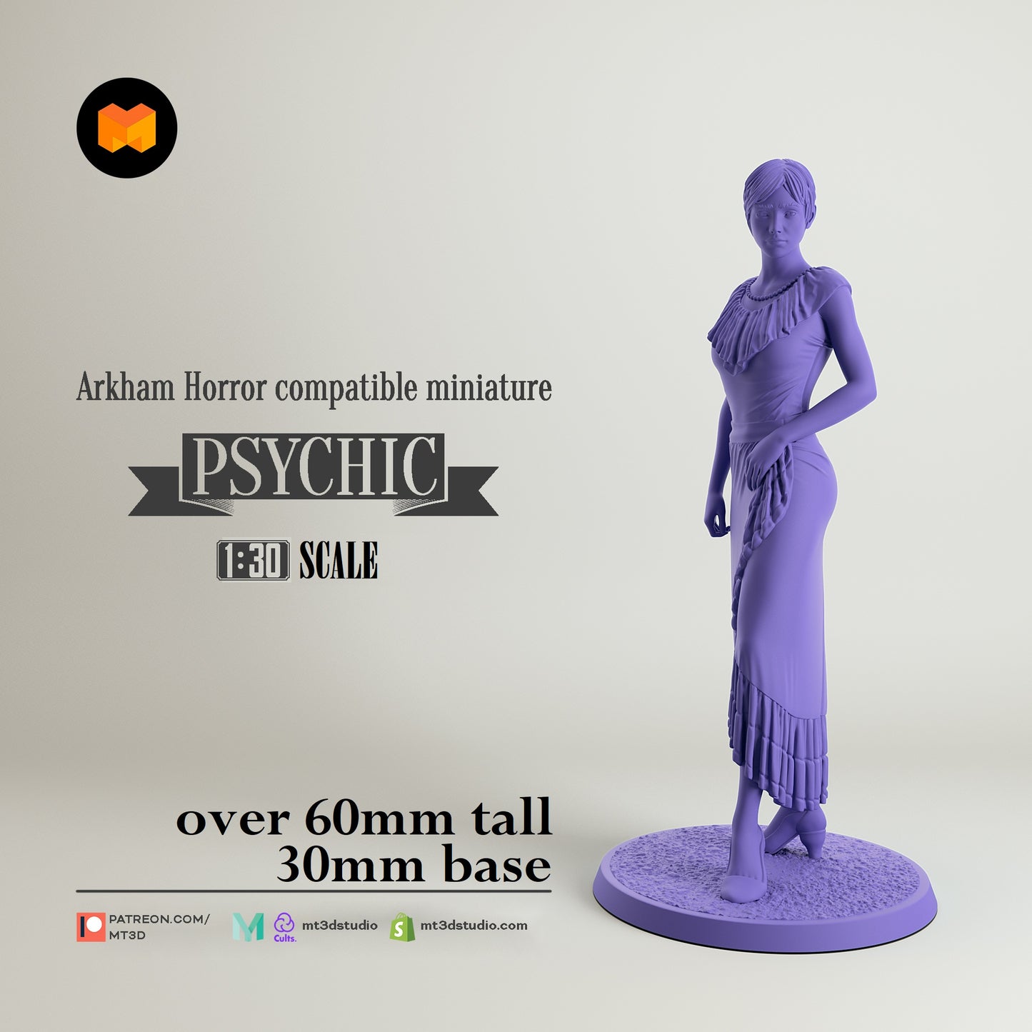 Image shows a 3D render of a 1920s era psychic gaming miniature.