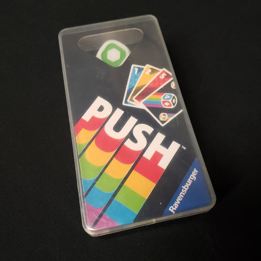 Image shows the front cover of the box of the PUSH card game