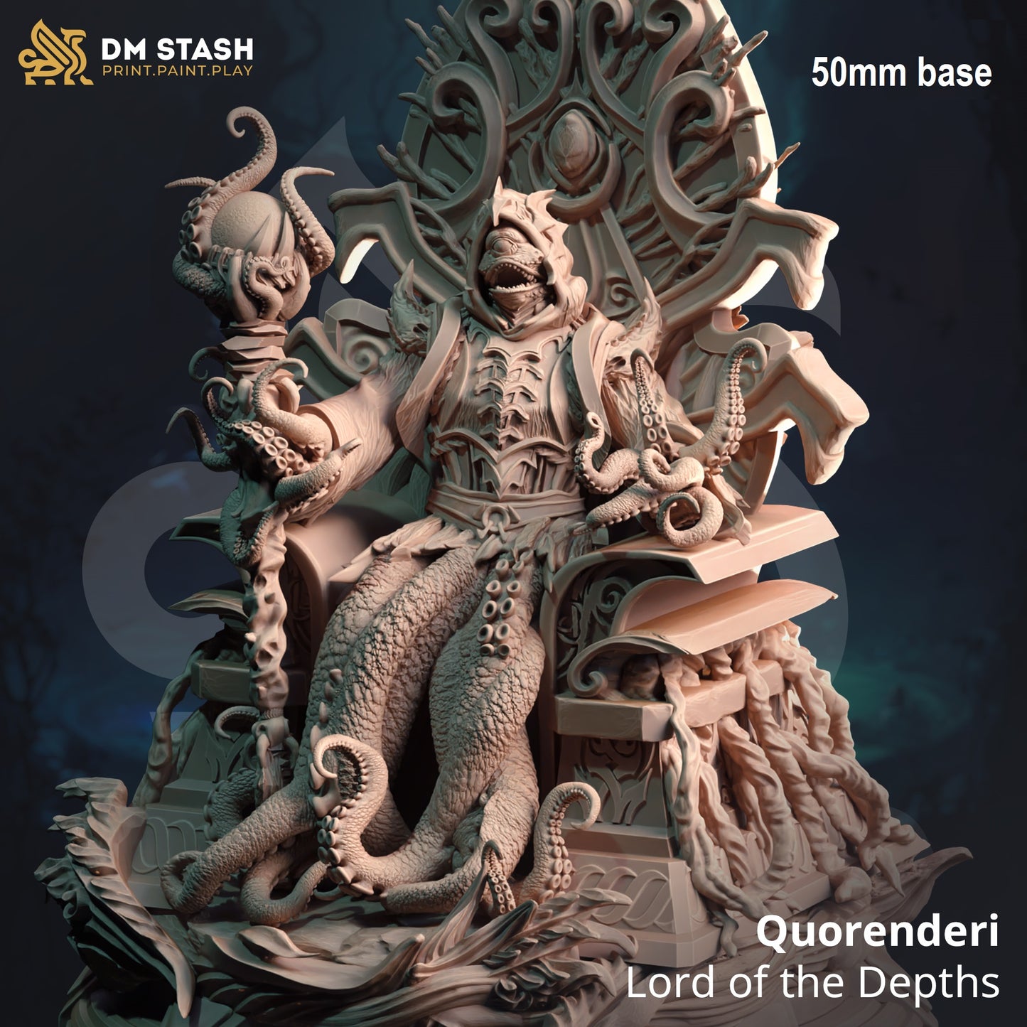 Image shows a 3D render of a tentacled horror gaming miniature sitting in an ornate throne