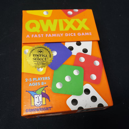 Image shows the front cover of the box of the Qwixx dice game