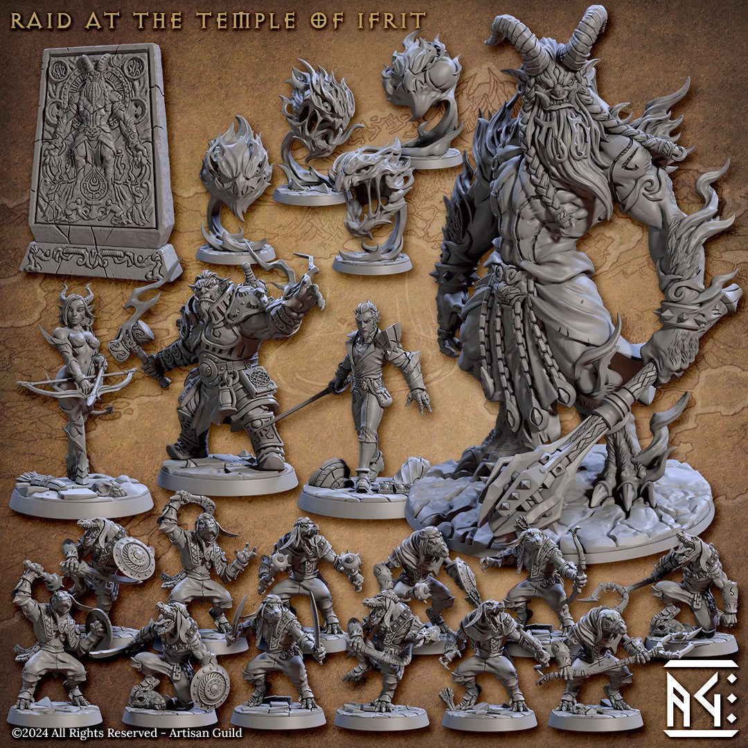 Image displays the variety of miniatures included in Artisan Guild's Raid at the Temple of Ifrit set