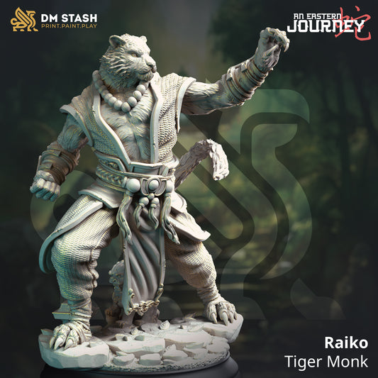 Image shows a 3D render of a tiger monk gaming miniature