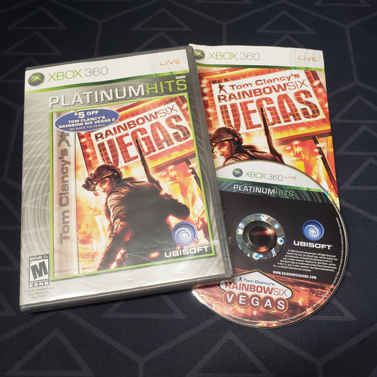 Image shows the case, manual & disc for the video game Rainbow Six Vegas for Xbox 360