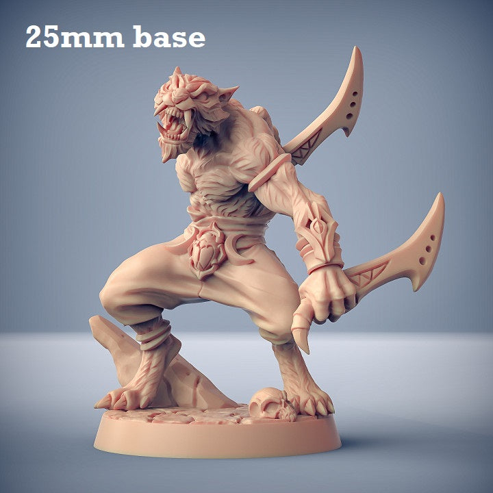 Image shows a 3D render of a tabaxi warrior gaming miniature.