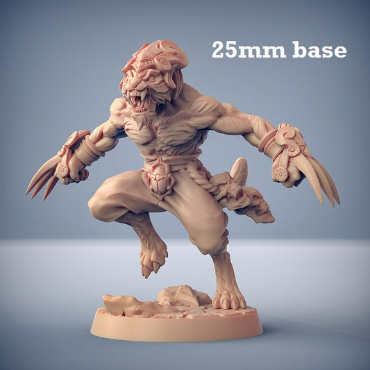 Image shows a 3D render of a tabaxi warrior gaming miniature.