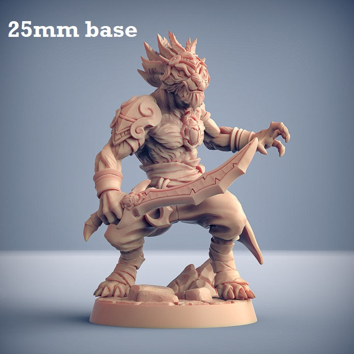 Image shows a 3D render of a tabaxi warrior gaming miniature.