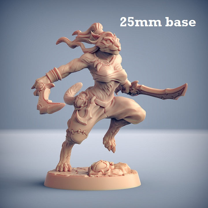 Image shows a 3D render of a tabaxi warrior gaming miniature.