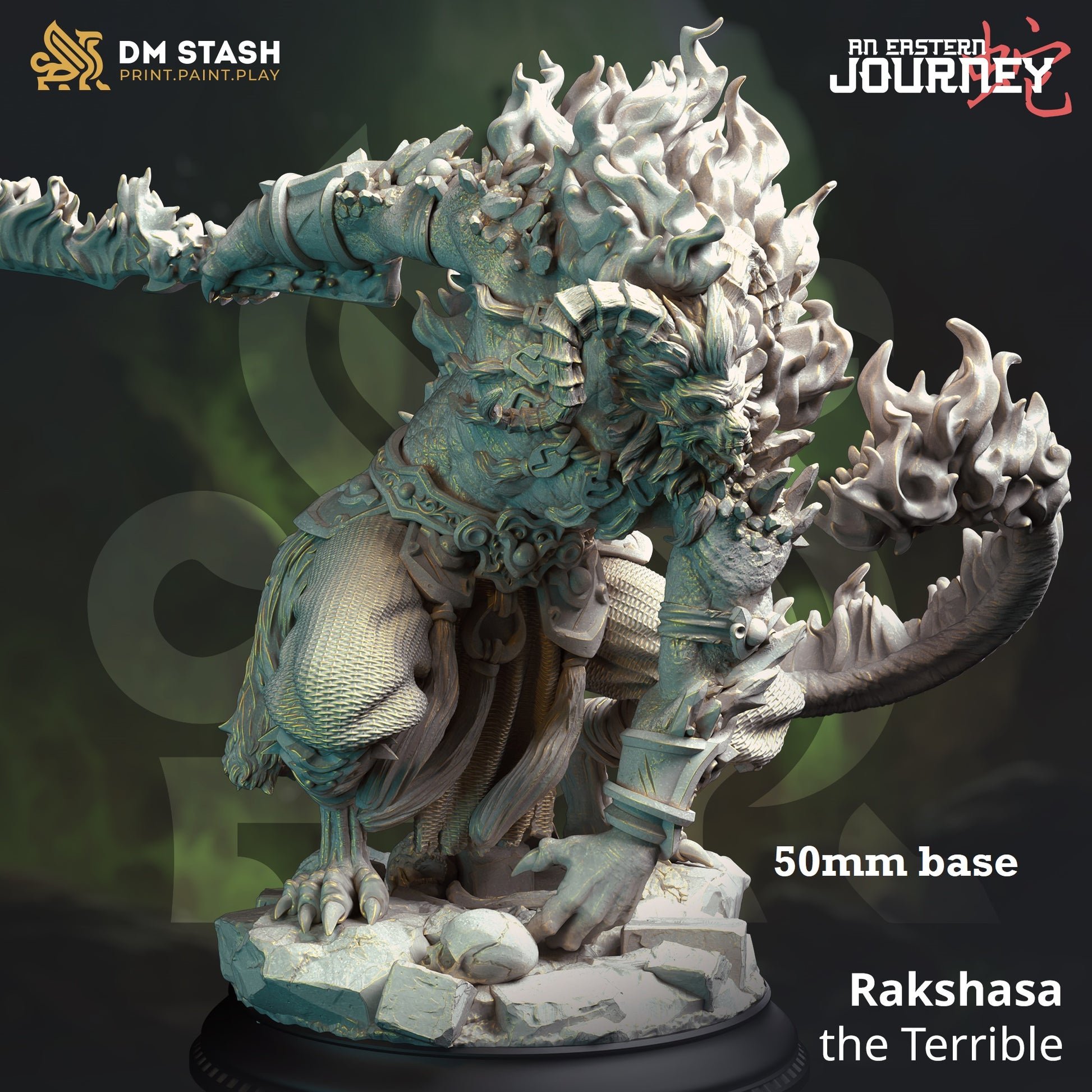 Image shows a 3D render of a demon gaming miniature holding a flaming sword
