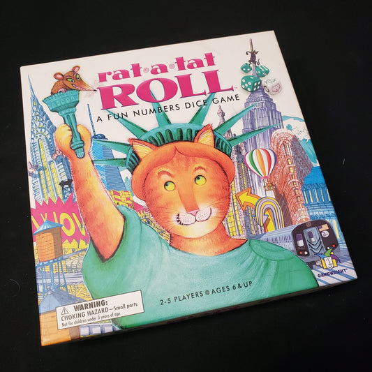 Image shows the front cover of the box of the Rat-a-Tat Roll board game
