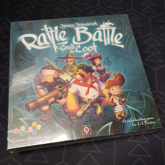 Image shows the front cover of the box of the Rattle, Battle, Grab the Loot board game