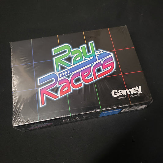 Image shows the front cover of the box of the RayRacers board game