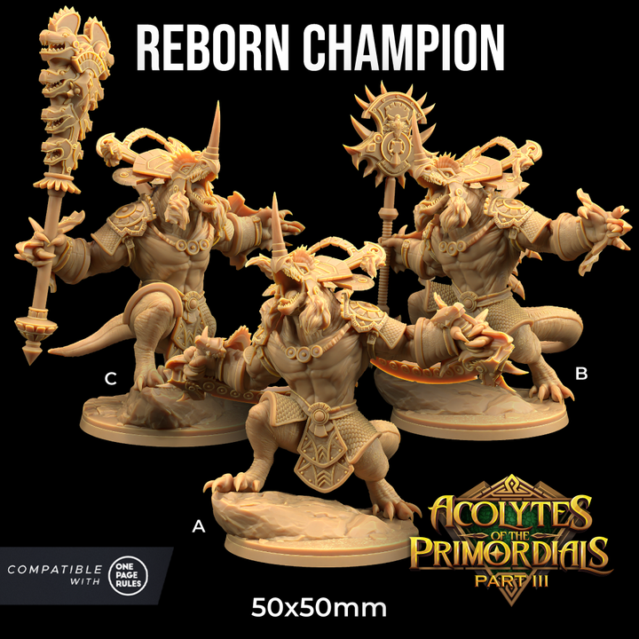 Image shows 3D renders for three different sculpt options of a dilophosaurus warrior gaming miniature holding various weapons
