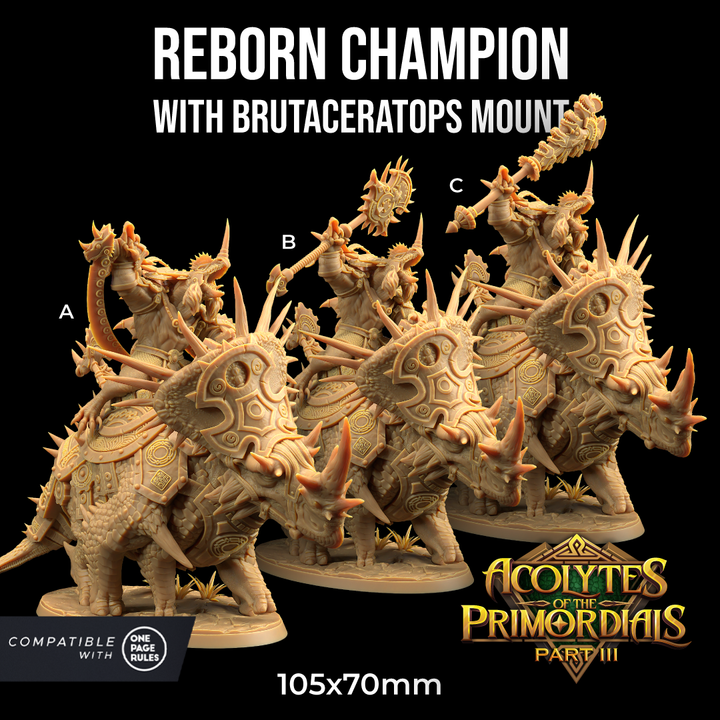 Image shows 3D renders of three different sculpt pose options of a dinosaur warrior gaming miniature riding a larger dinosaur, one holding aan axe, one holding a hammer, and the other with arm blades