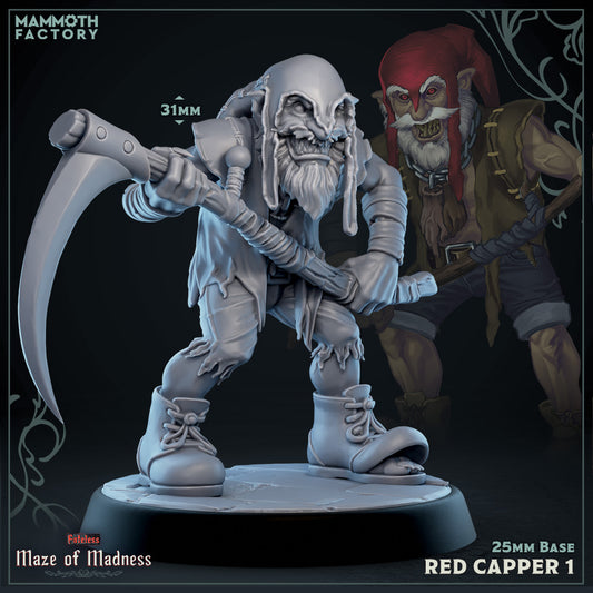 Image shows a 3D render of a creepy smiling gnome gaming miniature holding a scythe