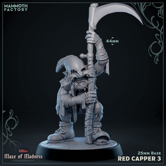 Image shows a 3D render of a creepy smiling gnome gaming miniature holding a scythe
