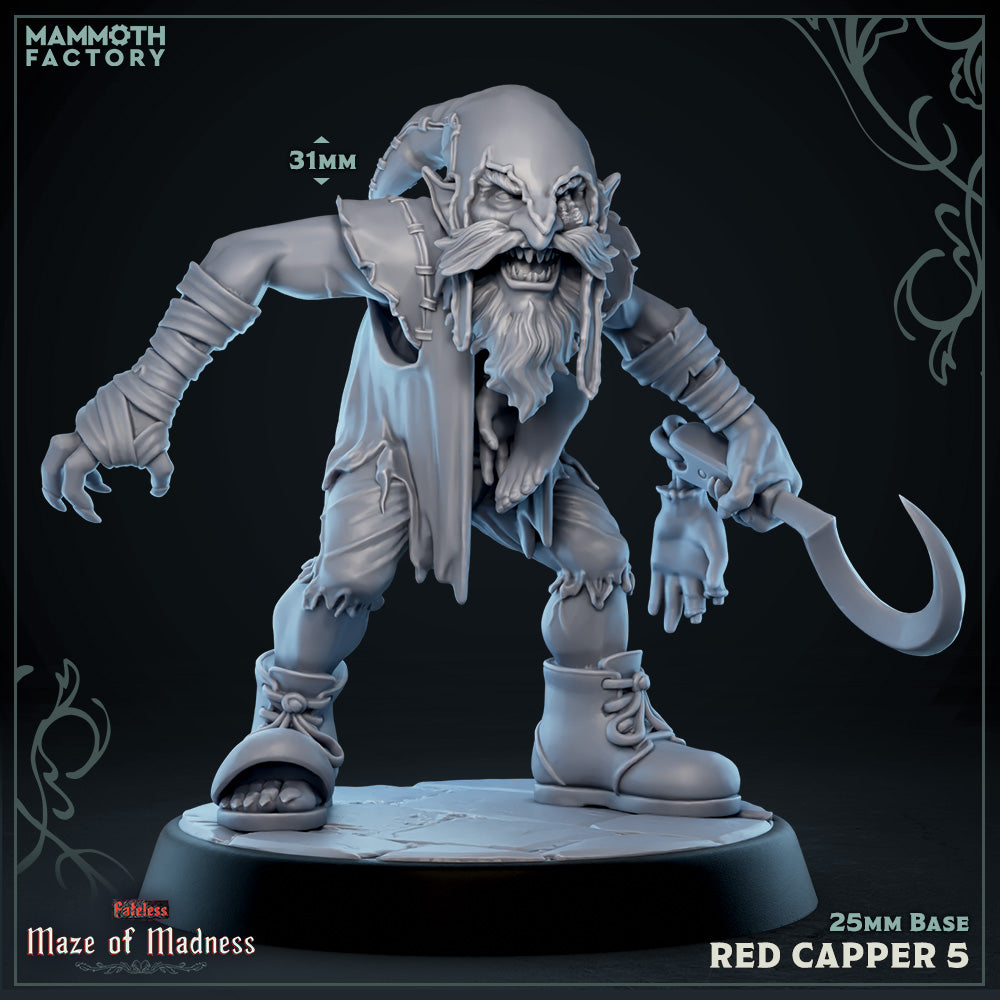 Image shows a 3D render of a creepy smiling gnome gaming miniature holding a sickle