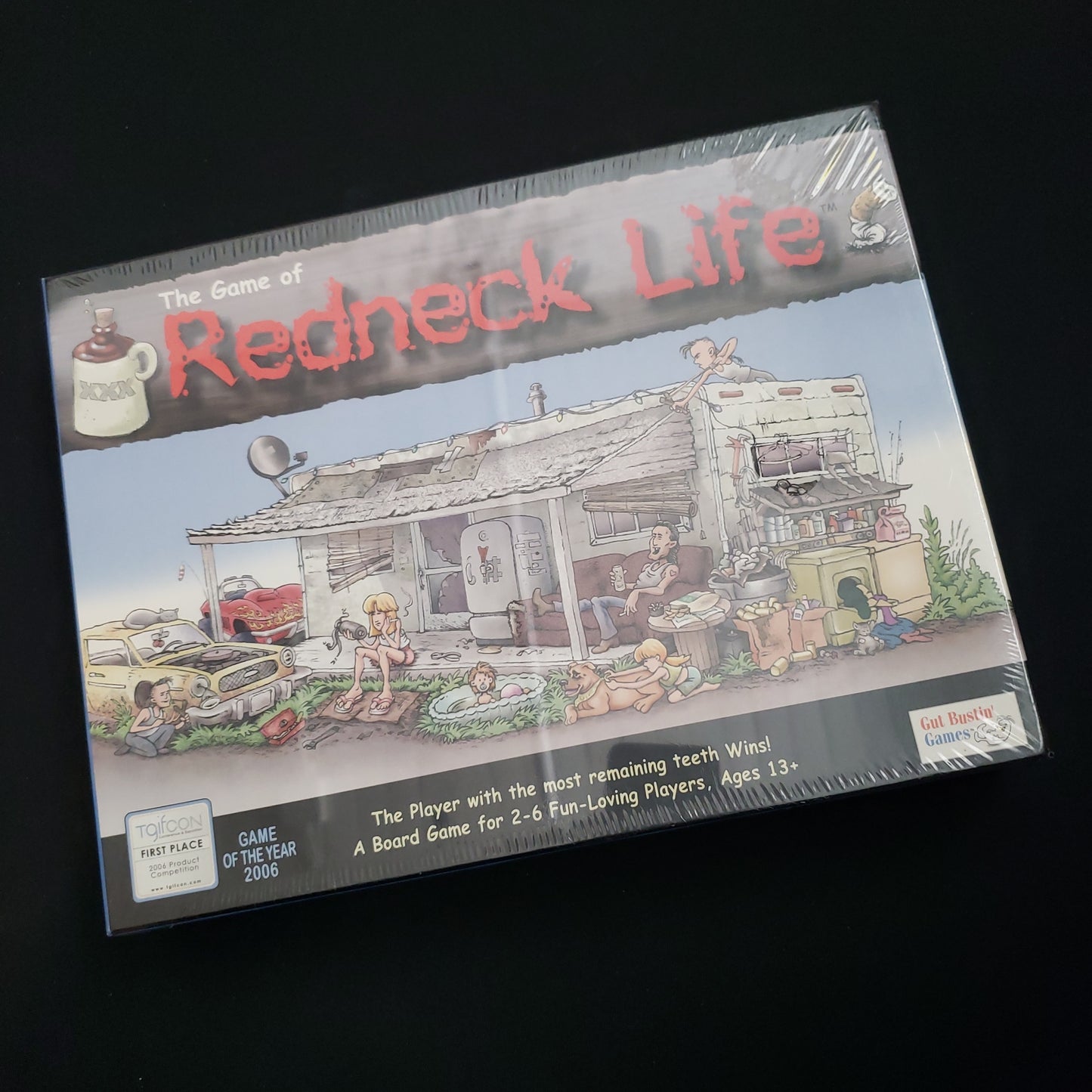 Image shows the front cover of the box of the Redneck Life board game