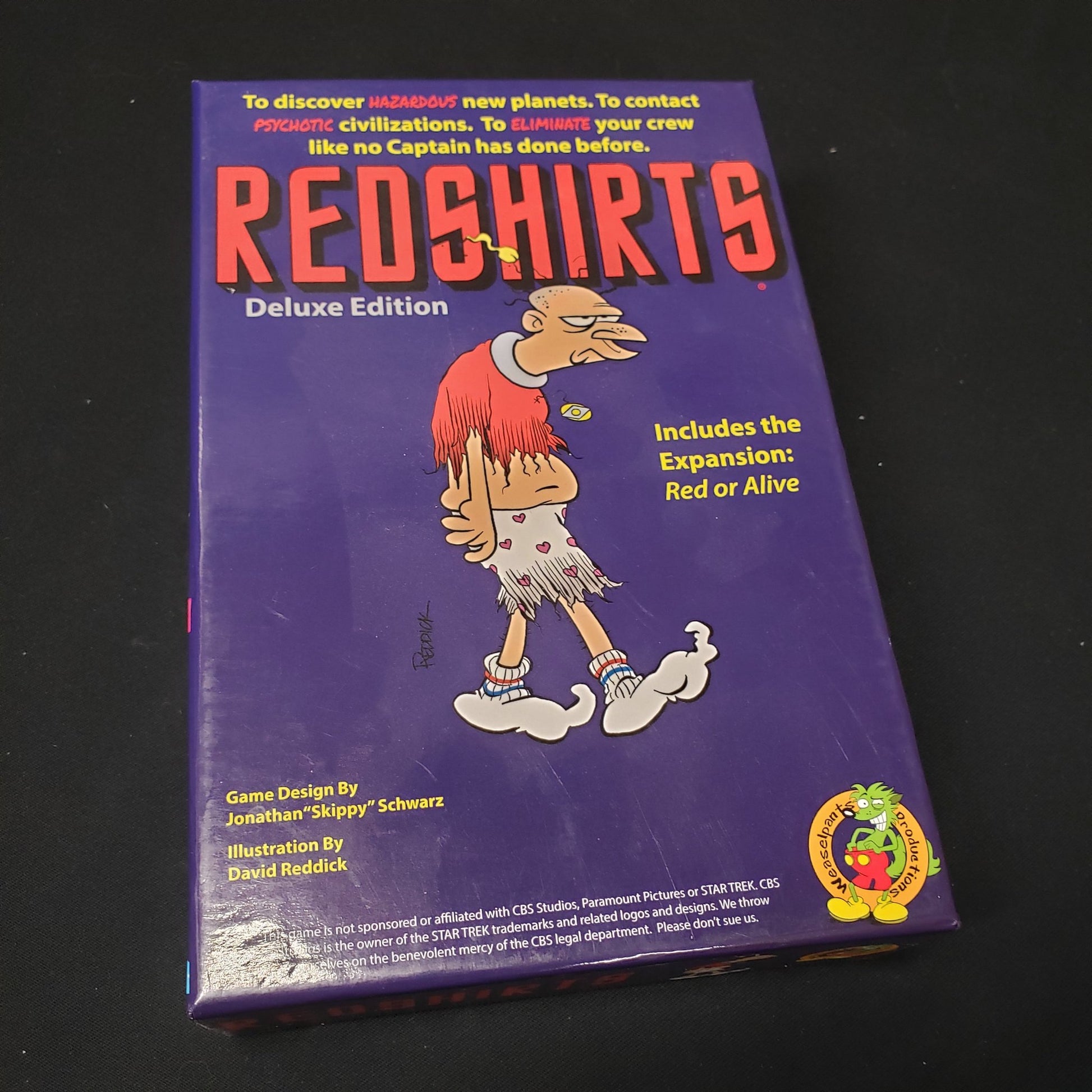 Image shows the front cover of the box of the deluxe edition of the card game Redshirts