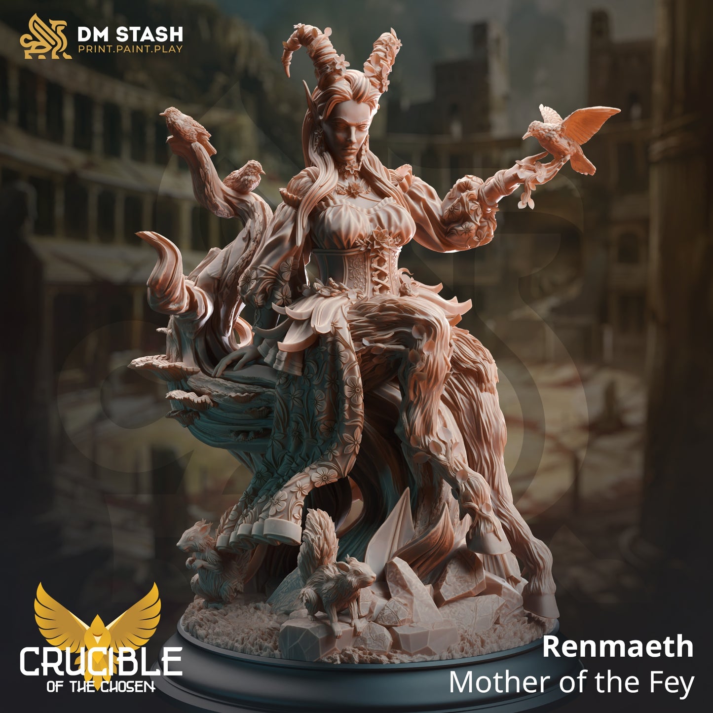 Image shows an 3D render of a faun gaming miniature, sitting on a twisted stump with birds and woodland creatures gathered around her