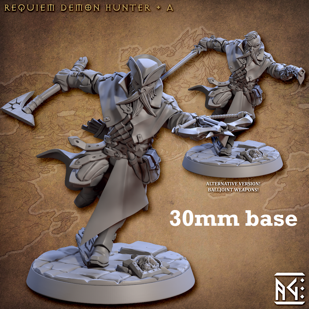 Image shows 3D renders of two sculpt options for a human demon hunter gaming miniature.