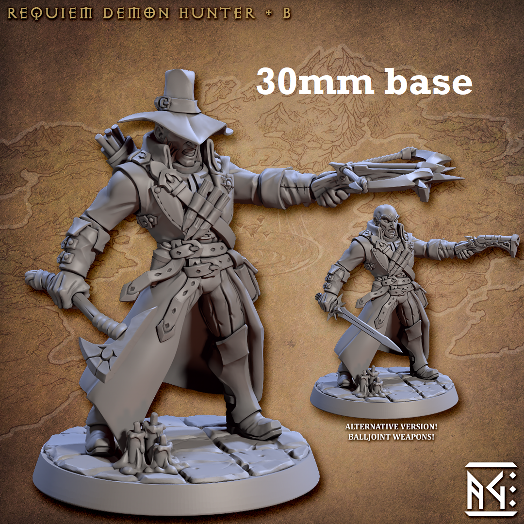 Image shows 3D renders of two sculpt options for a human demon hunter gaming miniature.