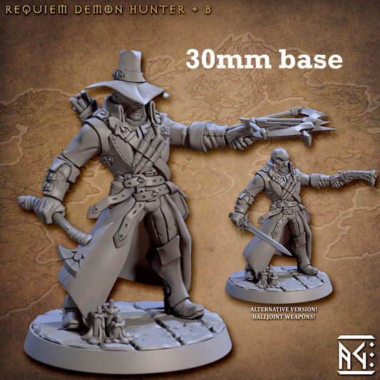 Image shows 3D renders of two sculpt options for a human demon hunter gaming miniature.
