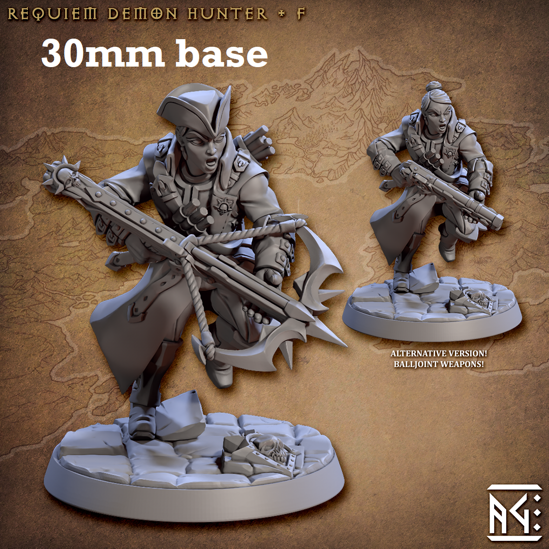 Image shows 3D renders of two sculpt options for a human demon hunter gaming miniature.