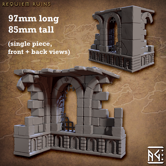 Image shows a 3D renders of the front & back sides of a ruined building gaming miniature terrain piece